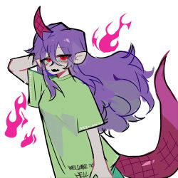 Rule 34 | 1girl, arm behind head, bags under eyes, commentary, cowboy shot, english text, fangs, fire, frown, green shirt, green shorts, green sleeves, highres, horns, lizard tail, long hair, looking at viewer, open mouth, purple hair, red eyes, red horns, routinearson, shirt, short sleeves, shorts, simple background, single horn, skin fangs, solo, t-shirt, tail, tenkajin chiyari, touhou, white background, wide sleeves