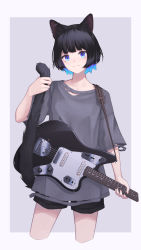 Rule 34 | 1girl, animal ears, black hair, blue eyes, blue hair, cat ears, cat tail, cowboy shot, cropped legs, electric guitar, guitar, highres, holding tail, instrument, looking at viewer, multicolored hair, original, shirt, short hair, shorts, simple background, slit pupils, standing, t-shirt, tail, two-tone hair, unvrsms