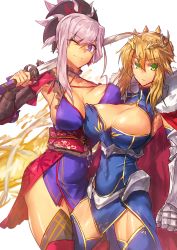 Rule 34 | 2girls, armpits, artoria pendragon (all), artoria pendragon (fate), artoria pendragon (lancer) (fate), asymmetrical docking, blonde hair, blue eyes, breast press, breasts, bursting breasts, cape, cleavage, cleavage cutout, clothing cutout, covered navel, crown, fate/grand order, fate (series), fur trim, gauntlets, green eyes, heattech leotard, highres, katana, large breasts, legs, melon22, miyamoto musashi (fate), miyamoto musashi (second ascension) (fate), multiple girls, obi, one eye closed, saber (fate), sash, smile, straddling, sword, thighs, turtleneck, weapon