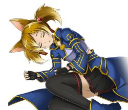Rule 34 | 1girl, animal ears, armor, black skirt, black thighhighs, breastplate, brown hair, cat ears, closed eyes, hair ribbon, long hair, lying, miniskirt, on side, parted lips, pleated skirt, red ribbon, ribbon, silica, silica (sao-alo), skirt, sleeping, solo, sword art online, thighhighs, transparent background, twintails, zettai ryouiki
