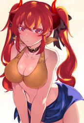 Rule 34 | 1girl, alternate hairstyle, bikini, black bow, blue sarong, bow, breasts, brown collar, closed mouth, collar, dola (nijisanji), dragon girl, dragon horns, frown, hair bow, halterneck, hati105, highres, horns, large breasts, long hair, looking at viewer, nijisanji, red eyes, red hair, red horns, sarong, simple background, solo, swimsuit, tearing up, twintails, v-shaped eyebrows, v arms, very long hair, virtual youtuber, white background, yellow bikini