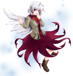 Rule 34 | 1girl, boots, covering own mouth, dress, jacket, kishin sagume, red eyes, saana (sifon-hem), short hair, silver hair, single wing, smile, solo, touhou, wings
