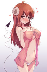 Rule 34 | 1girl, :o, ahoge, blush, breasts, commentary request, covered erect nipples, curled horns, demon girl, demon horns, demon tail, gradient background, grey background, heart, highres, horns, large breasts, long hair, looking at viewer, machikado mazoku, mel (melty pot), navel, nightgown, open mouth, panties, red eyes, red hair, see-through, solo, sweat, tail, underwear, white panties, yoshida yuuko (machikado mazoku)