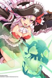 Rule 34 | 1girl, absurdres, belt, blush, boots, breasts, captain liliana, frills, hat, highres, knee boots, large breasts, leg up, long sleeves, midriff, miniskirt, navel, official art, open mouth, pink hair, pirate hat, purple eyes, queen&#039;s blade, queen&#039;s blade rebellion, queen&#039;s blade white triangle, shiny skin, simple background, skirt, skull, smile, solo, stomach, white background