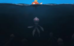 Rule 34 | afloat, blue eyes, commentary request, creatures (company), day, fish, frillish, frillish (male), game freak, gen 1 pokemon, gen 5 pokemon, highres, horror (theme), jaws (movie), magikarp, nintendo, no humans, one-hour drawing challenge, parody, partially submerged, partially underwater shot, pokemon, pokemon (creature), rend, submerged, underwater, water