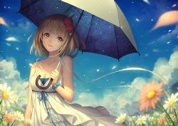 Rule 34 | 1girl, bare arms, bare shoulders, blunt bangs, bracelet, breasts, brown hair, choker, cleavage, cloud, collarbone, day, dress, field, flower, flower bracelet, hair flower, hair ornament, holding, holding umbrella, jewelry, light particles, medium breasts, original, outdoors, parted lips, petals, short hair, sky, sleeveless, sleeveless dress, smile, solo, sundress, tidsean, umbrella, upper body, white dress, yellow eyes
