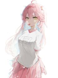Rule 34 | 1girl, ahoge, arms behind back, blue hair, colored inner hair, green eyes, hair between eyes, hairband, highres, hololive, hurybone, mouth hold, multicolored hair, pink hair, pink hairband, pink skirt, sakura miko, shirt, simple background, skirt, solo, virtual youtuber, white background, white shirt