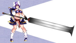 Rule 34 | 1girl, animal ears, aoshima, armor, breasts, rabbit ears, censored, commentary request, convenient censoring, groin, highres, huge weapon, large breasts, metal gloves, metallic bikini, midriff, navel, no panties, open mouth, purple hair, reisen, ribbon, solo, sweatdrop, sword, touhou, trembling, underboob, weapon