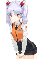Rule 34 | 1girl, black necktie, black skirt, blush, breasts, closed mouth, collared shirt, commentary request, cowboy shot, hair bobbles, hair ornament, hoshino ruri, interlocked fingers, kfr, kidou senkan nadesico, leaning forward, long sleeves, looking at viewer, necktie, orange vest, parted bangs, pencil skirt, shirt, short hair, simple background, skirt, small breasts, solo, twintails, vest, white background, wing collar, yellow eyes