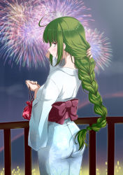 Rule 34 | 10s, 1girl, ahoge, arm up, ass, bag, blunt bangs, bow, braid, braided ponytail, city lights, closed mouth, cowboy shot, fireworks, floral print, from behind, green eyes, green hair, holding, holding bag, japanese clothes, kantai collection, kimono, light, long hair, long sleeves, matching hair/eyes, mikage takashi, night, night sky, outdoors, railing, red bow, seductive smile, sidelocks, single braid, sky, smile, solo, standing, very long hair, wide sleeves, yukata, yuugumo (kancolle)