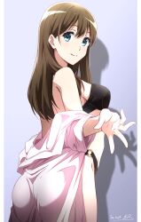 Rule 34 | 1girl, ass, bare shoulders, bikini, black bikini, blue eyes, brown hair, closed mouth, commentary, cowboy shot, dated, from side, hair between eyes, hibike! euphonium, highres, kuroe mayu, light blush, long hair, looking at viewer, nii manabu, o-ring, o-ring bikini, o-ring bottom, off shoulder, open clothes, open robe, outstretched arm, pillarboxed, pink robe, purple background, robe, shadow, signature, smile, solo, split mouth, standing, swimsuit