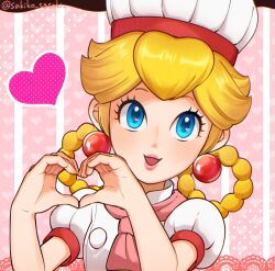 Rule 34 | 1girl, :d, blonde hair, blue eyes, braid, chef hat, earrings, hat, heart, heart hands, highres, jewelry, long hair, mario (series), multicolored background, nintendo, open mouth, patissiere peach, pink scarf, portrait, princess peach, princess peach: showtime!, puffy short sleeves, puffy sleeves, sasaki sakiko, scarf, short sleeves, smile, solo, twin braids