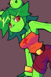 Rule 34 | 1girl, bacun, breasts, cactus girl, cleavage, closed mouth, colored skin, green hair, green skin, highres, looking at viewer, medium breasts, original, parted bangs, red eyes, short hair, solo