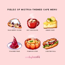 Rule 34 | artist name, cup, english text, food, food focus, fruit, hot chocolate, lemon, lemon cake, lemon slice, mug, no humans, one byte cafe, original, pink background, pixel art, pumpkin, scone, simple background, steam, stew, sweets, vegetable