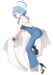 Rule 34 | 1girl, ako (blue archive), ako (dress) (blue archive), ass, backless dress, backless outfit, black footwear, blue archive, blue dress, blue eyes, blue hair, blue halo, blush, breasts, chain, closed mouth, cuffs, dress, fingernails, full body, hair between eyes, halo, handcuffs, high heels, highres, large breasts, long hair, nail polish, purple nails, simple background, sleeveless, sleeveless dress, smile, solo, white background, yu-ta