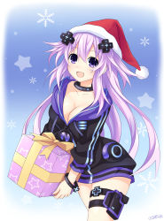 Rule 34 | absurdres, adult neptune, alex stardust, bare shoulders, blue background, breasts, choker, christmas, cleavage, happy, hat, highres, hood, hoodie, large breasts, long hair, neptune (neptunia), neptune (series), open mouth, parka, purple eyes, purple hair, red hat, santa hat, solo, thighs