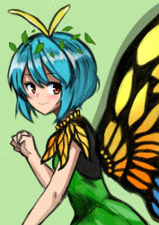 Rule 34 | 1girl, absurdres, antennae, aqua hair, blush, butterfly wings, closed mouth, dress, eternity larva, fairy, green dress, grey background, hair between eyes, highres, insect wings, leaf, leaf on head, multicolored clothes, multicolored dress, orange eyes, sen (daydream 53), short hair, simple background, single strap, smile, solo, touhou, upper body, wings