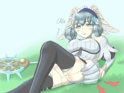 Rule 34 | 1girl, artist request, ass, blue eyes, blush, breasts, drill hair, embarrassed, grey hair, hairband, head wings, large breasts, looking at viewer, melia antiqua, open mouth, panties, parted lips, sitting, solo, staff, sweatdrop, thighhighs, translation request, underwear, wings, xenoblade