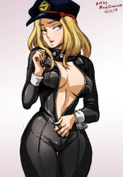 Rule 34 | 1girl, artist name, black bodysuit, blurry, bodysuit, boku no hero academia, breasts, brown eyes, cleavage, curvy, dated, hat, head tilt, large breasts, latex, latex bodysuit, light brown hair, lips, long hair, looking at viewer, mina cream, navel, open bodysuit, open clothes, open mouth, parted lips, pulling own clothes, skin tight, solo, standing, stomach, thigh gap, thighs, utsushimi kemii, watermark, web address, wide hips, wrist cuffs, zipper, zipper pull tab