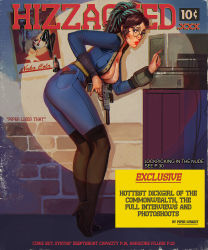 Rule 34 | 1girl, areola slip, ass, bodysuit, boots, borrowed character, breasts, brown hair, cleavage, condom, condom wrapper, cover, english text, fake cover, fallout (series), fallout 4, from side, full body, glasses, gun, high heel boots, high heels, high ponytail, highres, hizzacked, hizzy (hizzacked), indoors, jumpsuit, knee boots, large breasts, lipstick, lockpick, looking at viewer, magazine cover, makeup, medium breasts, multicolored hair, nuka cola, open bodysuit, open clothes, open jumpsuit, parted bangs, price, round eyewear, solo, standing, text focus, the kite, two-tone hair, vault dweller, vault jumpsuit (fallout 4), vault suit, watermark, weapon, web address