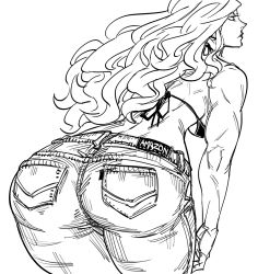 Rule 34 | 1girl, amazon (company), amazon (dragon&#039;s crown), ass, bad id, bare shoulders, bb (baalbuddy), bikini, bikini top only, bound, bound arms, breasts, closed mouth, cowboy shot, curly hair, denim, dragon&#039;s crown, gluteal fold, greyscale, highres, inactive account, jeans, large breasts, leaning forward, long hair, monochrome, pants, profile, simple background, solo, swimsuit, vanillaware, white background