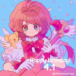 Rule 34 | 1girl, blue background, bow, cardcaptor sakura, collar, dress, eyes visible through hair, frilled collar, frilled sleeves, frills, fuuin no tsue, gloves, happy birthday, heart, highres, holding, kero (cardcaptor sakura), kinomoto sakura, looking at viewer, narumame, pink dress, pink headwear, puffy short sleeves, puffy sleeves, red bow, short sleeves, simple background, smile, twitter username, upper body, wand, white bow, white gloves