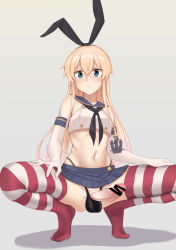 Rule 34 | 1girl, artist request, black ribbon, blonde hair, blue eyes, blush, censored, elbow gloves, erection, feet, futanari, gloves, kantai collection, long hair, penis, ribbon, ribbon hair, shimakaze (kancolle), skirt, solo, squatting, striped clothes, striped thighhighs, testicles, thighhighs