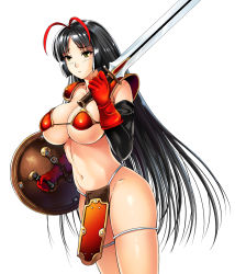 Rule 34 | 1girl, :&lt;, antenna hair, armor, bikini armor, black hair, breasts, cleavage, closed mouth, cosplay, cowboy shot, detached sleeves, dragon quest, dragon quest iii, from side, gen (genetrix), gloves, highres, hime cut, holding, holding shield, holding sword, holding weapon, large breasts, loincloth, long hair, looking at viewer, looking to the side, midriff, miko-chan (gen (genetrix)), multicolored hair, navel, no panties, original, pauldrons, red armor, red gloves, red hair, shield, shoulder armor, soldier (dq3), soldier (dq3) (cosplay), solo, stomach, sword, two-tone hair, underboob, very long hair, weapon, white background, yellow eyes
