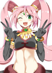 Rule 34 | 1girl, black gloves, crop top, double v, e.o., elbow gloves, fang, gloves, green eyes, hair ornament, highres, long hair, midriff, navel, one eye closed, open mouth, pink hair, short sleeves, simple background, smile, solo, tiara, twintails, v, very long hair