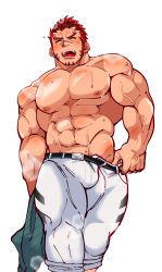 Rule 34 | 1boy, abs, absurdres, akashi (live a hero), bara, belt, bulge, clothes pull, facial hair, goatee, gradient hair, highres, holding, holding clothes, holding shirt, kizami nori to yamaimo, large pectorals, live a hero, long sideburns, male focus, multicolored hair, muscular, muscular male, navel, nipples, official alternate costume, pants, pants pull, pants rolled up, pectorals, red hair, shirt, unworn shirt, topless male, short hair, sideburns, solo, stomach, sweat, thick eyebrows, thick thighs, thighs, veins, white pants