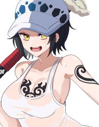 Rule 34 | 1girl, absurdres, arm tattoo, armpits, bare arms, bare shoulders, black hair, breasts, chest tattoo, earrings, fur hat, genderswap, genderswap (mtf), hat, highres, holding, holding sword, holding weapon, jaguar print, jewelry, large breasts, looking at viewer, one piece, open mouth, panther print, portrait, shirt, short hair, simple background, sleeveless, sleeveless shirt, smile, solo, sori 6403, sweat, sword, tattoo, teeth, trafalgar law, upper teeth only, weapon, white background, white shirt, yellow eyes
