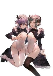 Rule 34 | 2boys, absurdres, bell, bell earrings, black legwear, blush, bulge, covered erect nipples, covered navel, earrings, erection, erection under clothes, eyes visible through hair, fang, fingernails, frills, green eyes, green hair, highres, horns, jewelry, leotard, maid headdress, male focus, mayutsuba mono, multiple boys, open mouth, orange eyes, original, parted lips, pointy ears, puffy sleeves, purple hair, simple background, single earring, spread nipple, thighhighs, trap, white background, white legwear, white leotard, yaoi