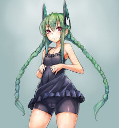Rule 34 | 1girl, :&lt;, bare shoulders, bike shorts, braid, breasts, cameltoe, camisole, cleavage, cowboy shot, frilled swimsuit, frills, frown, gradient background, green hair, hair between eyes, headgear, highres, long hair, menou kaname (taishi), nontraditional school swimsuit, one-piece swimsuit, original, purple eyes, red eyes, school swimsuit, sidelocks, simple background, small breasts, solo, standing, swimsuit, taishi (artist), taishi (picchiridou), thighs, twin braids, twintails, very long hair