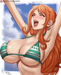 Rule 34 | 1girl, armpits, arms up, artist name, bikini, breasts, cleavage, closed eyes, cloud, cloudy sky, commentary, dated, earrings, english commentary, halterneck, huge breasts, jewelry, kyopink, lipstick, long hair, makeup, micro bikini, nami (one piece), narrow waist, one piece, open mouth, orange hair, outside border, sideboob, sidelocks, signature, skindentation, sky, smile, solo, sweat, swimsuit, underboob, upper body