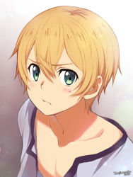 Rule 34 | 1boy, artist name, black eyes, blonde hair, blush, collarbone, commentary request, dated, eugeo, face, frown, grey shirt, hair between eyes, looking at viewer, male focus, open clothes, open shirt, shirt, short hair, solo, sword art online, torajimaneko