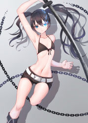 Rule 34 | arm up, armpits, bikini, bikini top only, black hair, black rock shooter, black rock shooter (character), blue eyes, boots, chain, flaming eye, glowing, glowing eye, grey background, highres, katana, long hair, looking at viewer, midriff, navel, short shorts, shorts, simple background, solo, swimsuit, sword, twintails, uneven twintails, weapon, zyl