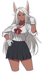 Rule 34 | 1girl, animal ears, black skirt, boku no hero academia, bow, breasts, collared shirt, cropped legs, dark-skinned female, dark skin, gloves, hand in own hair, hand up, highres, large breasts, long eyelashes, long hair, looking at viewer, mirko, parted bangs, plaid, plaid bow, pleated skirt, rabbit ears, rabbit girl, red eyes, sakata s2023, school uniform, shirt, shirt tucked in, simple background, skirt, sleeves rolled up, solo, thighs, very long hair, white background, white gloves, white hair, white shirt