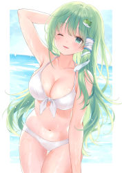 Rule 34 | 1girl, arm behind head, arm up, bare arms, bare shoulders, bikini, blush, breasts, cleavage, collarbone, cowboy shot, day, frog hair ornament, front-tie bikini top, front-tie top, green eyes, green hair, hair ornament, hair tubes, halterneck, hand up, highres, horizon, kochiya sanae, large breasts, light smile, long hair, looking at viewer, navel, one eye closed, outdoors, page number, parted lips, snake hair ornament, solo, standing, stomach, swimsuit, thigh gap, thighs, touhou, water, wet, white bikini, y na1211