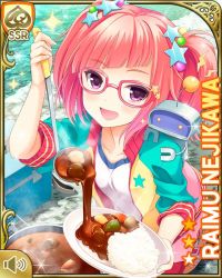 Rule 34 | 1girl, alternate costume, camping, character name, collar, cooking, day, food, forest, girlfriend (kari), glasses, gloves, grass, gravel, holding, ladle, looking at viewer, nature, nejikawa raimu, official art, open mouth, pink hair, plate, purple eyes, qp:flapper, rice, robot, smile, tagme, thighhighs, track suit, twintails, wrench, zipper