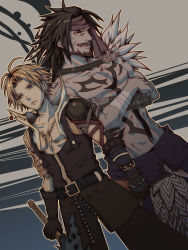 Rule 34 | 00s, 2boys, age difference, ahoge, asymmetrical clothes, bad id, bad pixiv id, bandana, beard, black hair, blonde hair, blue eyes, brown hair, chest tattoo, coat, crossed arms, dissidia 012 final fantasy, dissidia final fantasy, facial hair, father and son, final fantasy, final fantasy x, frown, fujimaru (green sparrow), gloves, grin, headband, highres, jecht, jewelry, long hair, male focus, messy hair, multiple boys, necklace, pants, serious, smile, tattoo, tidus, topless male