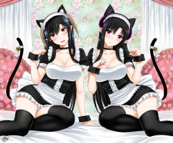 Rule 34 | 2girls, bad id, bad pixiv id, bed, black hair, blush, breasts, character request, long hair, maid, multiple girls, red eyes, thighhighs, xter