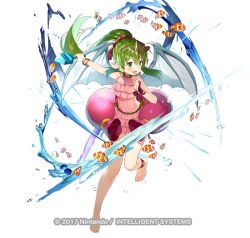 Rule 34 | 1girl, :d, ankleband, barefoot, blush, bracelet, dress, fire emblem, fire emblem heroes, fish, floating hair, full body, gaou (umaiyo puyoman), green eyes, green hair, headpiece, holding, jewelry, long hair, nintendo, official art, open mouth, pink dress, pointy ears, ponytail, short dress, simple background, smile, solo, standing, standing on one leg, tiki (fire emblem), tiki (young) (fire emblem), tropical fish, water, watermark, white background, wings