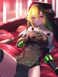 Rule 34 | 1girl, absurdres, breasts, character request, clothing request, gloves, green hair, hand on own chest, highres, large breasts, long hair, looking at viewer, lying, lyra (tower of fantasy), nun, on back, parted lips, red eyes, solo, thighhighs, thighs, tower of fantasy, zhe feng yi