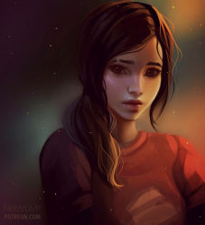 Rule 34 | artist name, backlighting, bad deviantart id, bad id, brown eyes, brown hair, closed mouth, ellie (the last of us), freckles, hair over shoulder, light smile, long hair, long sleeves, looking at viewer, low ponytail, numyumy, red sweater, shade, solo, sweater, the last of us, the last of us (series), upper body, watermark, web address