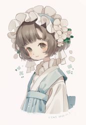 Rule 34 | 1girl, blue headband, blush, brown eyes, brown hair, dated, flower, hair flower, hair ornament, headband, highres, looking at viewer, mixed-language commentary, original, shiraho (color-56), short hair, simple background, solo, standing, upper body, white background, white headwear