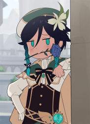 Rule 34 | 1boy, :&gt;, abbystea, against wall, androgynous, aqua hair, black hair, blue flower, blue rose, blush, braid, collared cape, flower, flower in mouth, frilled sleeves, frills, genshin impact, gradient hair, green hat, hair between eyes, hand on own hip, hat, hat flower, leaf, leaning, looking at viewer, multicolored hair, puffy sleeves, rose, short hair with long locks, smug, solo, twin braids, venti (genshin impact), vision (genshin impact), white flower