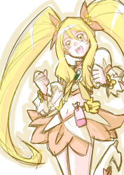 Rule 34 | 1boy, alternate universe, blonde hair, blush, boots, bow, brooch, clenched hands, cosplay, crossdressing, cure sunshine, cure sunshine (cosplay), earrings, hair ornament, hair ribbon, happy, heart, heart brooch, heartcatch precure!, high heels, jewelry, knee boots, kneehighs, long hair, looking at viewer, maboroshineko, male focus, midriff, myoudouin satsuki, navel, open mouth, orange bow, orange skirt, precure, puffy sleeves, ribbon, shirt, sketch, skirt, smile, socks, solo, trap, twintails, wrist cuffs, yellow bow
