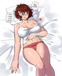 Rule 34 | 1girl, artist name, breasts, brown eyes, brown hair, cleavage, commentary, covered erect nipples, embarrassed, english commentary, english text, highres, large breasts, looking to the side, lying, navel, on bed, original, short hair, snowcie, solo, speech bubble, tank top, white tank top