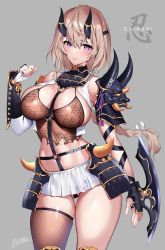 Rule 34 | 1girl, arm guards, armor, artist name, bare shoulders, blonde hair, blush, braid, breasts, commentary request, elbow gloves, fake horns, fingerless gloves, fingernails, fishnet thighhighs, fishnets, gloves, grey background, hair ornament, hand up, highres, horns, large breasts, lips, long hair, looking at viewer, mataro (matarou), midriff, miniskirt, navel, o-ring, original, parted lips, purple eyes, shiny skin, shoulder armor, signature, simple background, single glove, single thighhigh, skirt, sleeveless, solo, stomach, thighhighs, thighs
