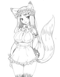 Rule 34 | 1girl, animal ears, blush, breasts, btraphen, fox ears, fox tail, greyscale, large breasts, looking at viewer, monochrome, simple background, smile, solo, tail, white background